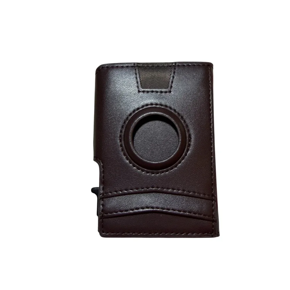 Mens Pop Up Card Holder Wallet Brown Faux Leather AirTag RFID Slot Belt Clip 4x3